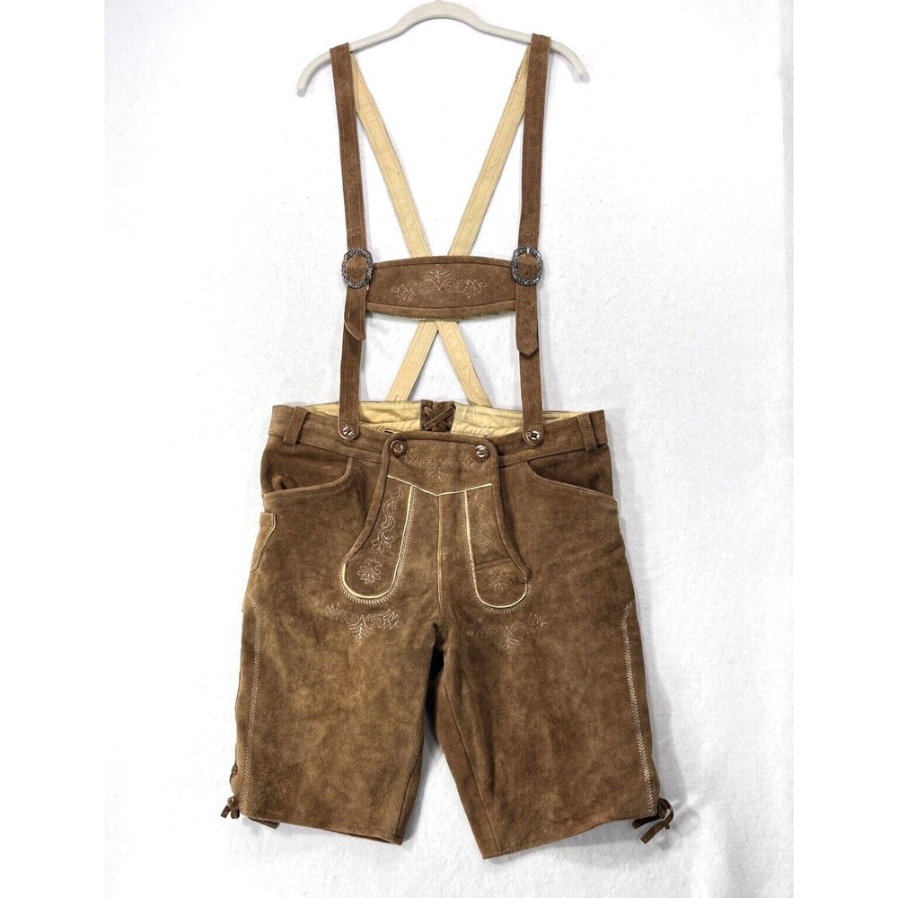 Lederhosen Shorts Men 36 Brown Suede Leather German Suspenders Oktoberfest